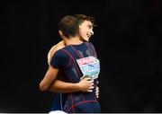 12 August 2018; Armand Duplantis of Sweden, left, is congratulated by Renaud Lavillenie of France after winning the Men's polevault during Day 6 of the 2018 European Athletics Championships at The Olympic Stadium in Berlin, Germany. Photo by Sam Barnes/Sportsfile