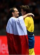 12 August 2018; Armand Duplantis of Sweden, right, is congratulated by Renaud Lavillenie of France after winning the Men's polevault during Day 6 of the 2018 European Athletics Championships at The Olympic Stadium in Berlin, Germany. Photo by Sam Barnes/Sportsfile