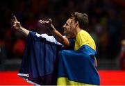 12 August 2018; Armand Duplantis of Sweden, right, and by Renaud Lavillenie of France take a selfie after competing in  the Men's polevault during Day 6 of the 2018 European Athletics Championships at The Olympic Stadium in Berlin, Germany. Photo by Sam Barnes/Sportsfile
