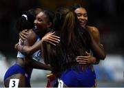 12 August 2018; Imani Lansiquot, right, and the Great Britain Women's 4x100m Relay team celebrate winning gold during Day 6 of the 2018 European Athletics Championships at The Olympic Stadium in Berlin, Germany. Photo by Sam Barnes/Sportsfile