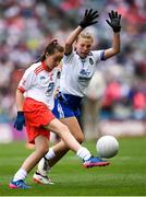12 August 2018; Niamh McConville, St Patrick's PS Hilltown, Co Down, representing Tyrone, and Francesca Smith, Scoil Bhríde, Milltown, Co Kildare, representing Monaghan, during the INTO Cumann na mBunscol GAA Respect Exhibition Go Games at the GAA Football All-Ireland Senior Championship Semi Final match between Monaghan and Tyrone at Croke Park in Dublin.  Photo by Stephen McCarthy/Sportsfile
