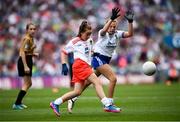 12 August 2018; Niamh McConville, St Patrick's PS Hilltown, Co Down, representing Tyrone, and Francesca Smith, Scoil Bhríde, Milltown, Co Kildare, representing Monaghan, during the INTO Cumann na mBunscol GAA Respect Exhibition Go Games at the GAA Football All-Ireland Senior Championship Semi Final match between Monaghan and Tyrone at Croke Park in Dublin.  Photo by Stephen McCarthy/Sportsfile
