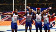12 August 2018; The Great Britain Men's 4x100m Relay team celebrate after winning gold  during Day 6 of the 2018 European Athletics Championships at The Olympic Stadium in Berlin, Germany. Photo by Sam Barnes/Sportsfile
