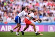 12 August 2018; Grace Morris, St Brigid's NS, Duagh NS, Listowel, Co Kerry, representing Tyrone, and Shannon Davey, Holy Family NS, Tubbercurry, Co Sligo, representing Monaghan, during the INTO Cumann na mBunscol GAA Respect Exhibition Go Games at the GAA Football All-Ireland Senior Championship Semi Final match between Monaghan and Tyrone at Croke Park in Dublin.  Photo by Stephen McCarthy/Sportsfile