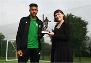13 August 2018; Gavin Bazunu of Shamrock Rovers is presented with the SSE Airtricity/SWAI Player of the Month award for July by Ruth Ryan, Marketing Specialist of SEE Airtricity at Roadstone Sports and Social Club in Dublin. Photo by Harry Murphy/Sportsfile