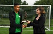 13 August 2018; Gavin Bazunu of Shamrock Rovers is presented with the SSE Airtricity/SWAI Player of the Month award for July by Ruth Ryan, Marketing Specialist of SEE Airtricity at Roadstone Sport and Social Club in Dublin. Photo by Harry Murphy/Sportsfile