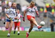 12 August 2018; Cathy Green, Hollypark GNS, Co Dublin, representing Tyrone, in action against Erin McCullough, St Malachy's PS Carnagat, Newry, Co Down, representing Monaghan, during the INTO Cumann na mBunscol GAA Respect Exhibition Go Games at the GAA Football All-Ireland Senior Championship Semi Final match between Monaghan and Tyrone at Croke Park in Dublin. Photo by Brendan Moran/Sportsfile