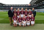 11 August 2018; Mini-Games co-ordinator Gerry O'Meara, with the Galway team, back row, left to right, Muireann Rahilly, Scartaglen NS, Killarney, Kerry, Emer McEntee, Gowna NS, Gowna, Cavan, Nicole McDaid, Scoil Iosagßin, Buncrana, Donegal, Ava Palasz, Newport NS, Newport, Mayo, Ellis O'Flaherty, Knockanean NS, Ennis, Clare, front row, left to right, Keanah Googin Irons, Scoil Ainnin Naofa, Rosscahill, Galway, Emily Breen, Roxborough NS, Ballysheedy, Limerick, Gracie Crimmins, St Brigid's PS Drumilly, Down, Lucia McQuillan, Mary Queen of Peace, Martinstown, Antrim, Lucy Shanahan, Clohanes NS, Clohanes, Clare, ahead of the INTO Cumann na mBunscol GAA Respect Exhibition Go Games at the GAA Football All-Ireland Senior Championship Semi Final match between Dublin and Galway at Croke Park in Dublin. Photo by Daire Brennan/Sportsfile