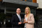 13 August 2018;  Alan Smullen, General Manager, The Croke Park, presents Yvonne Bonner of Donegal with The Croke Park and LGFA Player of the Month award for June, at The Croke Park, Jones Road, in Dublin. Yvonne was a key member of the Donegal team that retained the TG4 Ulster Ladies senior football title, scoring four goals across the course of two matches against Monaghan and Armagh in the provincial championship. Donegal have since advanced to a very first TG4 All-Ireland senior semi-final. Photo by Ramsey Cardy/Sportsfile