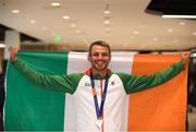 13 August 2018; Thomas Barr with his bronze medal at the Homecoming of the Irish Team from the European Athletics Championships in Berlin at Terminal 1 in Dublin Airport. Photo by Eóin Noonan/Sportsfile