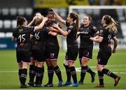 13 August 2018; Rianna Jarrett of Wexford Youths, centre, celebrates with team mates after scoring her side's second goal during the UEFA Women’s Champions League Qualifier match between Linfield and Wexford Youths at Seaview in Belfast, Antrim. Photo by Oliver McVeigh/Sportsfile