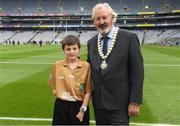 12 August 2018; Joe Killeen, President of the INTO, with Referee Francis Flynn, St Mary's NS Aughnasheelin, Co. Leitrim, before the INTO Cumann na mBunscol GAA Respect Exhibition Go Games at the GAA Football All-Ireland Senior Championship Semi Final match between Monaghan and Tyrone at Croke Park in Dublin. Photo by Piaras Ó Mídheach/Sportsfile