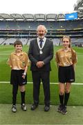 12 August 2018; Joe Killeen, President of the INTO, with Referee Francis Flynn, St Mary's NS Aughnasheelin, Co. Leitrim, and Referee Ellen Keany, St Brigid's NS, Drumcong, Co. Leitrim, before the INTO Cumann na mBunscol GAA Respect Exhibition Go Games at the GAA Football All-Ireland Senior Championship Semi Final match between Monaghan and Tyrone at Croke Park in Dublin. Photo by Piaras Ó Mídheach/Sportsfile