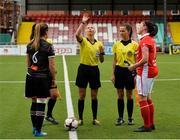 13 August 2018; Referee Ewa Augustyn from Poland tossing the coin with Kylie Murphy of Wexford Youths and Sarah Venney of Linfield before the UEFA Women’s Champions League Qualifier match between Linfield and Wexford Youths at Seaview in Belfast, Antrim. Photo by Oliver McVeigh/Sportsfile