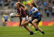 11 August 2018; Emer McEntee, Gowna NS, Gowna, Cavan, representing Galway, in action against Ruby O’Connell Bell, Our Lady of Good Counsel GNS, Dublin, during the INTO Cumann na mBunscol GAA Respect Exhibition Go Games at the GAA Football All-Ireland Senior Championship Semi Final match between Dublin and Galway at Croke Park in Dublin.  Photo by Piaras Ó Mídheach/Sportsfile