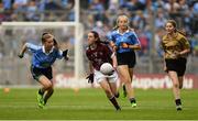 11 August 2018; Muireann Rahilly, Scartaglen NS, Killarney, Kerry, representing Galway, in action against Ruby O’Connell Bell, Our Lady of Good Counsel GNS, Dublin, during the INTO Cumann na mBunscol GAA Respect Exhibition Go Games at the GAA Football All-Ireland Senior Championship Semi Final match between Dublin and Galway at Croke Park in Dublin.  Photo by Piaras Ó Mídheach/Sportsfile