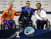 13 August 2018; Medallists in the Men's 100m Freestyle S4 Final, from left, silver medallist Michael Schoenmaker of Netherlands, gold medallist Omer Ami Dadaon of Israel, and bronze medallist David Smetanine of France during day one of the World Para Swimming Allianz European Championships at the Sport Ireland National Aquatic Centre in Blanchardstown, Dublin. Photo by Stephen McCarthy/Sportsfile