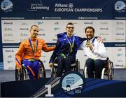 13 August 2018; Medallists in the Men's 100m Freestyle S4 Final, from left, silver medallist Michael Schoenmaker of Netherlands, gold medallist Omer Ami Dadaon of Israel, and bronze medallist David Smetanine of France during day one of the World Para Swimming Allianz European Championships at the Sport Ireland National Aquatic Centre in Blanchardstown, Dublin. Photo by Stephen McCarthy/Sportsfile