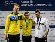 13 August 2018; Medallists in the Men's 50m Butterfly S7 Final, from left, silver medallist Andrii Trusov of Ukraine, gold medallist Levgenii Bogodaiko of Ukraine, and bronze medallist Tobias Pollap of Germany during day one of the World Para Swimming Allianz European Championships at the Sport Ireland National Aquatic Centre in Blanchardstown, Dublin. Photo by Stephen McCarthy/Sportsfile