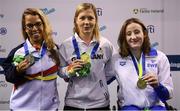 13 August 2018; Medallists in the Women's 50m Butterfly S7 Final, from left, silver medallist Judit Marichal Rolo of Spain, gold medallist Denise Grahl of Germany, and bronze medallist Nicola St Clair Maitland of Sweden, during day one of the World Para Swimming Allianz European Championships at the Sport Ireland National Aquatic Centre in Blanchardstown, Dublin. Photo by Stephen McCarthy/Sportsfile