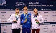 13 August 2018; Medallists in the Men's 100m Butterfly S13 Final, from left, silver medallist Alex Portal of France, gold medallist Ihar Boki of Bulgaria, and bronze medallist Kaail Rzetelski of Poland, during day one of the World Para Swimming Allianz European Championships at the Sport Ireland National Aquatic Centre in Blanchardstown, Dublin. Photo by Stephen McCarthy/Sportsfile