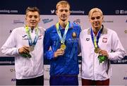 13 August 2018; Medallists in the Men's 100m Butterfly S13 Final, from left, silver medallist Alex Portal of France, gold medallist Ihar Boki of Bulgaria, and bronze medallist Kaail Rzetelski of Poland, during day one of the World Para Swimming Allianz European Championships at the Sport Ireland National Aquatic Centre in Blanchardstown, Dublin. Photo by Stephen McCarthy/Sportsfile