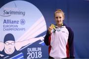 13 August 2018; Louise Fiddes of Great Britain with her gold medal after winnning the Women's 100m Breaststroke SB14 Final event during day one of the World Para Swimming Allianz European Championships at the Sport Ireland National Aquatic Centre in Blanchardstown, Dublin. Photo by Stephen McCarthy/Sportsfile
