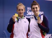 13 August 2018; Louise Fiddes, left, of Great Britain who won gold, and Bethany Firth, who won bronze, with their medals after the Women's 100m Breaststroke SB14 Final event during day one of the World Para Swimming Allianz European Championships at the Sport Ireland National Aquatic Centre in Blanchardstown, Dublin. Photo by Stephen McCarthy/Sportsfile