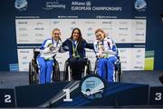 13 August 2018; Medallists in the Women's 200m Freestyle S5 Final, from left, silver medallist Monica Boggioni of Italy, gold medallist Inbal Pezaro of Israel and bronze medallist Arjola Trimi of Italy  during day one of the World Para Swimming Allianz European Championships at the Sport Ireland National Aquatic Centre in Blanchardstown, Dublin. Photo by Stephen McCarthy/Sportsfile