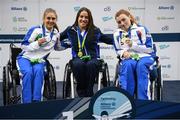 13 August 2018; Medallists in the Women's 200m Freestyle S5 Final, from left, silver medallist Monica Boggioni of Italy, gold medallist Inbal Pezaro of Israel and bronze medallist Arjola Trimi of Italy  during day one of the World Para Swimming Allianz European Championships at the Sport Ireland National Aquatic Centre in Blanchardstown, Dublin. Photo by Stephen McCarthy/Sportsfile