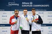 13 August 2018; Medallists in the Men's 200m Individual Medley SM8 Final, from left, silver medallist Carlos Martinez Fernandez of Spain, gold medallist Dimosthenis Michalenzakis of Greece and bronze medallist Andreas Onea of Austria during day one of the World Para Swimming Allianz European Championships at the Sport Ireland National Aquatic Centre in Blanchardstown, Dublin. Photo by Stephen McCarthy/Sportsfile