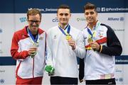 13 August 2018; Medallists in the Men's 200m Individual Medley SM8 Final, from left, silver medallist Carlos Martinez Fernandez of Spain, gold medallist Dimosthenis Michalenzakis of Greece and bronze medallist Andreas Onea of Austria during day one of the World Para Swimming Allianz European Championships at the Sport Ireland National Aquatic Centre in Blanchardstown, Dublin. Photo by Stephen McCarthy/Sportsfile