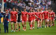 12 August 2018; The Tyrome captain Mattie Donnelly leads his team in the pre match parade before the GAA Football All-Ireland Senior Championship semi-final match between Monaghan and Tyrone at Croke Park in Dublin. Photo by Ray McManus/Sportsfile