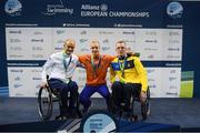 13 August 2018; Medallists in the Men's 50m Freestyle S6 Final, from left, silver medallist Georgios Sfaltos of Greece, gold medallist Thijs Van Hofweegen of Netherlands and bronze medallist Oleksandr Komarov of Ukraine during day one of the World Para Swimming Allianz European Championships at the Sport Ireland National Aquatic Centre in Blanchardstown, Dublin. Photo by Stephen McCarthy/Sportsfile