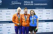 13 August 2018; Medallists in the Women's 100m Breaststroke SB9 Final, from left, silver medallist Lisa Kruger of Netherlands, gold medallist Chantalle Zijderveld of Netherlands and bronze medallist Aliaksandra Svadkouskaya of Belarus during day one of the World Para Swimming Allianz European Championships at the Sport Ireland National Aquatic Centre in Blanchardstown, Dublin. Photo by Stephen McCarthy/Sportsfile