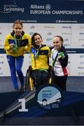 13 August 2018; Medallists in the Women's 50m Freestyle S6 Final, from left, silver medallist Viktoria Savtsova of Ukraine, gold medallist Yelyzaveta Mershko of Ukraine and bronze medallist Eleanor Robinson of Great Britain during day one of the World Para Swimming Allianz European Championships at the Sport Ireland National Aquatic Centre in Blanchardstown, Dublin. Photo by Stephen McCarthy/Sportsfile