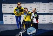 13 August 2018; Medallists in the Women's 50m Freestyle S6 Final, from left, silver medallist Viktoria Savtsova of Ukraine, gold medallist Yelyzaveta Mershko of Ukraine and bronze medallist Eleanor Robinson of Great Britain during day one of the World Para Swimming Allianz European Championships at the Sport Ireland National Aquatic Centre in Blanchardstown, Dublin. Photo by Stephen McCarthy/Sportsfile