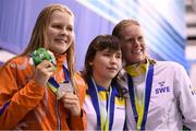 13 August 2018; Medallists in the Women's 50m Freestyle S11 Final, from left, silver medallist Liesette Bruinsma of Netherlands, gold medallist Maryna Piddubna of Ukraine and bronze medallist Maja Reichard of Sweden during day one of the World Para Swimming Allianz European Championships at the Sport Ireland National Aquatic Centre in Blanchardstown, Dublin. Photo by Stephen McCarthy/Sportsfile