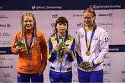13 August 2018; Medallists in the Women's 50m Freestyle S11 Final, from left, silver medallist Liesette Bruinsma of Netherlands, gold medallist Maryna Piddubna of Ukraine and bronze medallist Maja Reichard of Sweden during day one of the World Para Swimming Allianz European Championships at the Sport Ireland National Aquatic Centre in Blanchardstown, Dublin. Photo by Stephen McCarthy/Sportsfile
