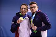 13 August 2018; Medallists in the Men's 100m Breaststroke SB14 Final, silver medallist Conner Morrison, right, of Great Britain, and gold medallist Quin Scott of Great Britain during day one of the World Para Swimming Allianz European Championships at the Sport Ireland National Aquatic Centre in Blanchardstown, Dublin. Photo by Stephen McCarthy/Sportsfile
