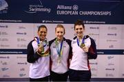 13 August 2018; Medallists in the Women's 100m Breaststroke SB14 Final, from left, silver medallist michelle Alonso Morales of Spain, gold medallist Louise Fiddes of Great Britain and bronze medallist Bethany Firth of Great Britain during day one of the World Para Swimming Allianz European Championships at the Sport Ireland National Aquatic Centre in Blanchardstown, Dublin. Photo by Stephen McCarthy/Sportsfile