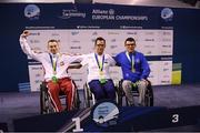 13 August 2018; Medallists in the Men's 50m Backstroke S2 Final, from left, silver medallist Jacek Czech of Poland, gold medallist Aristeidis Makrodimitris of Greece and bronze medallist Francessco Bettella of Italy during day one of the World Para Swimming Allianz European Championships at the Sport Ireland National Aquatic Centre in Blanchardstown, Dublin. Photo by Stephen McCarthy/Sportsfile