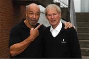 14 August 2018; Former Republic of Ireland International Paul McGrath, left, with Commentator Micheál Ó Muircheartaigh, at the seventh annual Hurling for Cancer Research game, a celebrity hurling match in aid of the Irish Cancer Society in St Conleth’s Park, Newbridge. The event, organised by legendary racehorse trainer Jim Bolger and National Hunt jockey Davy Russell, has raised €700,000 to date to fund the Irish Cancer Society’s innovative cancer research projects. Photo by Piaras Ó Mídheach/Sportsfile