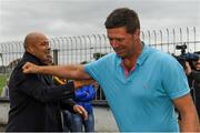 14 August 2018; Former Republic of Ireland Internationals Paul McGrath, left, and Niall Quinn in conversation before the seventh annual Hurling for Cancer Research game, a celebrity hurling match in aid of the Irish Cancer Society at St Conleth’s Park, in Newbridge. The event, organised by legendary racehorse trainer Jim Bolger and National Hunt jockey Davy Russell, has raised €700,000 to date to fund the Irish Cancer Society’s innovative cancer research projects. Photo by Piaras Ó Mídheach/Sportsfile
