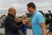14 August 2018; Former Republic of Ireland Internationals Paul McGrath, left, and Niall Quinn in conversation before the seventh annual Hurling for Cancer Research game, a celebrity hurling match in aid of the Irish Cancer Society at St Conleth’s Park, in Newbridge. The event, organised by legendary racehorse trainer Jim Bolger and National Hunt jockey Davy Russell, has raised €700,000 to date to fund the Irish Cancer Society’s innovative cancer research projects. Photo by Piaras Ó Mídheach/Sportsfile