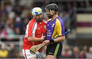 14 August 2018; Johnny Smacks, one half of The 2 Johnnies, representing Davy Russell’s Best, with JJ Delaney, former Kilkenny hurler, representing Jim Bolger’s Stars, during the seventh annual Hurling for Cancer Research game, a celebrity hurling match in aid of the Irish Cancer Society at St Conleth’s Park, in Newbridge. The event, organised by legendary racehorse trainer Jim Bolger and National Hunt jockey Davy Russell, has raised €700,000 to date to fund the Irish Cancer Society’s innovative cancer research projects. Photo by Piaras Ó Mídheach/Sportsfile