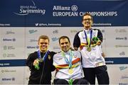 14 August 2018; Medallists in the Men's 200m Individual Medley SM6 Final, from left, silver medallist Ivan Bence of Hungary, gold medallist Antoni Ponce Bertran of Spain, and bronze medallist David Sanchez Sierra of Spain, during day two of the World Para Swimming Allianz European Championships at the Sport Ireland National Aquatic Centre in Blanchardstown, Dublin. Photo by Seb Daly/Sportsfile