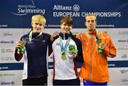 14 August 2018; Medallists in the Men's 200m Freestyle S14 Final, from left, silver medallist Jordan Catchpole of Great Britain, gold medallist Thomas Hamer of Great Britain, and bronze medallist Michiel Jorink of Netherlands, during day two of the World Para Swimming Allianz European Championships at the Sport Ireland National Aquatic Centre in Blanchardstown, Dublin. Photo by Seb Daly/Sportsfile