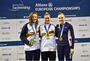 14 August 2018; Medallists in the Women's 100m Freestyle S9 Final, from left, silver medallist Nuria Soto Marques of Spain, gold medallist Sarai Gascon of Spain, and bronze medallist Toni Shaw of Great Britain, during day two of the World Para Swimming Allianz European Championships at the Sport Ireland National Aquatic Centre in Blanchardstown, Dublin. Photo by Seb Daly/Sportsfile