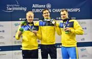 14 August 2018; Medallists in the Women's 100m Breaststroke SB12 Final, from left, silver medallist Maksym Veraksa of Ukraine, gold medallist Oleksii Fedyna of Ukraine, and bronze medallist Danylo Chufarov of Ukraine, during day two of the World Para Swimming Allianz European Championships at the Sport Ireland National Aquatic Centre in Blanchardstown, Dublin. Photo by Seb Daly/Sportsfile
